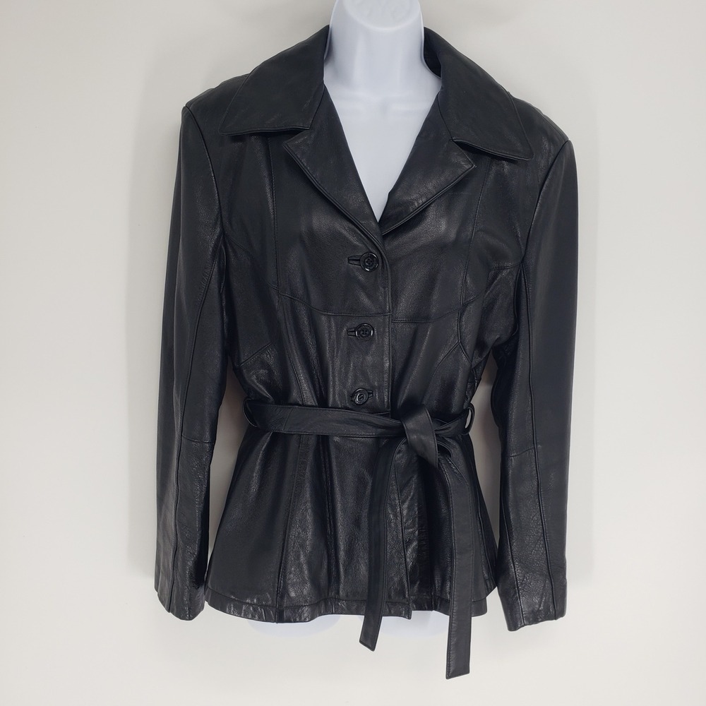 Y2K Maxima Wilsons Leather Belted Trench Jacket Women Sz M Black Genuine Leather